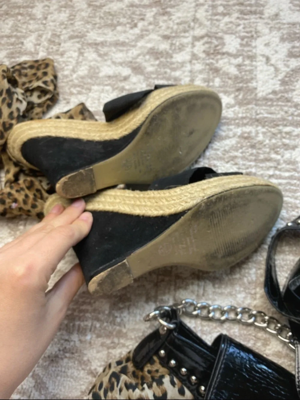 Y2K Black Espadrille Wedge Sandals with Leopard Tie-Ankle Straps & match purse